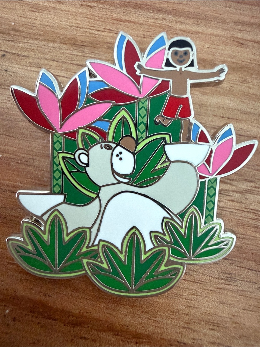 Disney Enamel Pin with Bear, Child & Tropical Pink, Green, Red